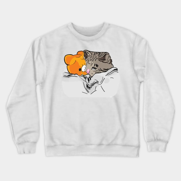 Sad Kitten Cat Crying bed with Teddy Meme Crewneck Sweatshirt by alltheprints